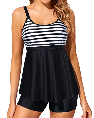 U Neck Tummy Control Swimsuits Modest Swimwear Two Piece Tankini Bathing Suits-Black And White Stripe