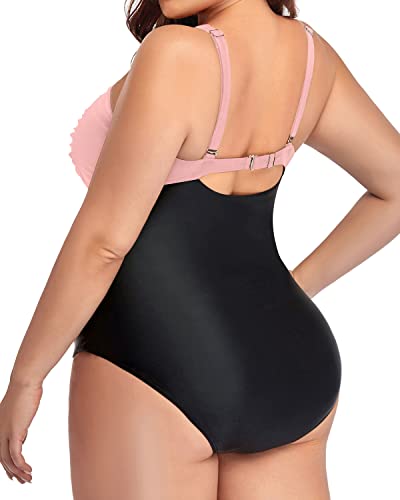 Plus Size One Piece Swimsuits Tummy Control Twist Front Ruched Swimwear-Pink And Black