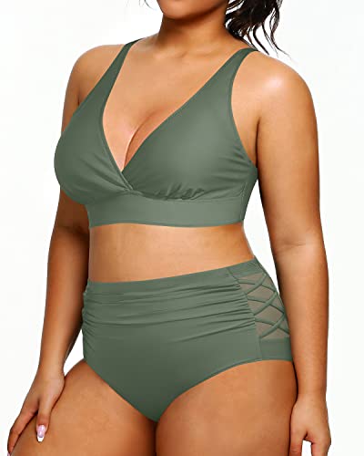 Plus Size Bikini High Waisted Two Piece Bathing Suit Ruched Design-Olive Green