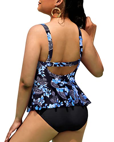 Plus Size 2 Piece Tankini Swimsuits Tummy Control Bathing Suits-Black Floral