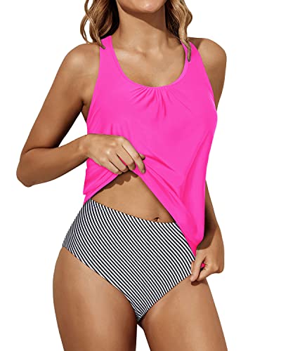 Blouson Tankini Swimsuits Women Tummy Control Two Piece Bathing Suits-Hot Pink Stripe