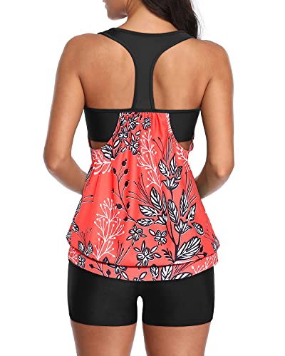 Ladies Athletic Two Piece Tankini Suits High Waisted Board Shorts-Red Floral