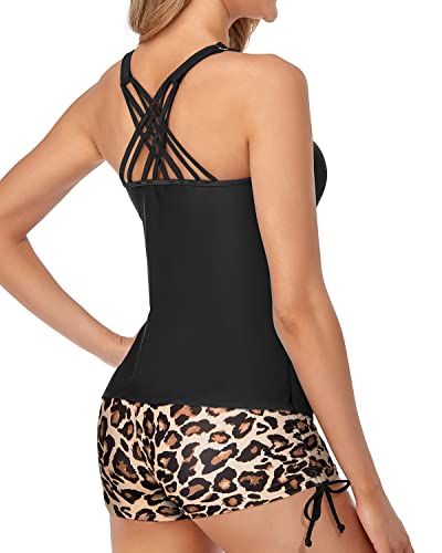Scoop Neck Removable Padded Bra Tankini Swimsuits For Women-Black And Leopard