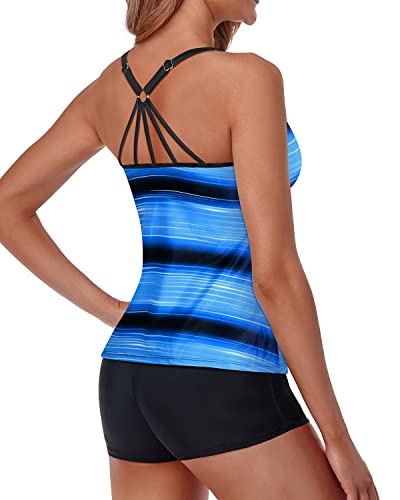 Tummy Control Two Piece Swimsuit For Women Shorts Bathing Suits-Blue And Black Stripe