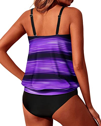 Women's Flattering Blouson Style Tankini Swimsuits-Purple Stripe