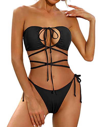 Two Piece Bikini Set Sexy Strappy Swimsuits For Women-Black