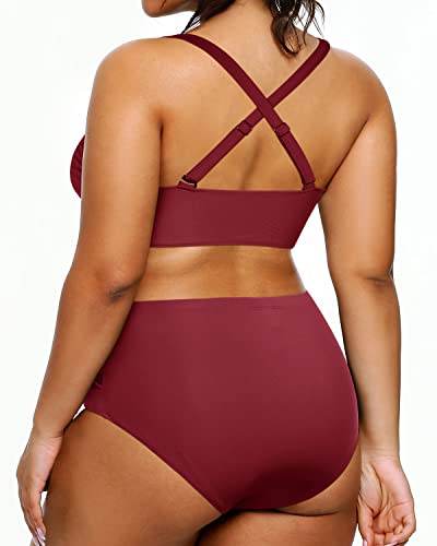 Ruched Full Lined Plus Size Bathing Suits High Waisted Bikini Swimsuits For Women-Maroon