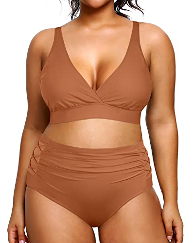 Women's Plus Size High Waisted Two Piece Bikini Bathing Suits Tummy Control-Brown