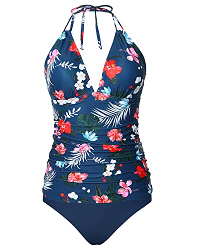 Women's V Neck Tankini & Bikini Bottom Tummy Control Swimsuit-Navy Blue Floral