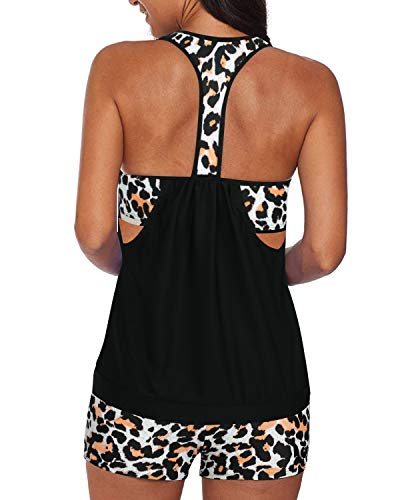 Spaghetti Strap Blouson Tankini Swim Top Shorts-Black And Leopard