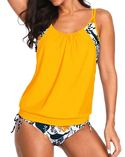 Athletic Two Piece Tankini Swimsuits Layered Tops And Bottoms-Yellow Floral