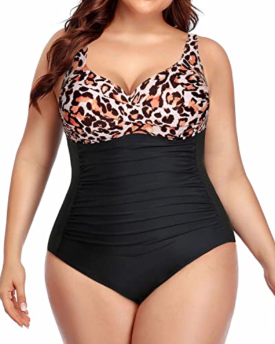 Plus Size One Piece Swimsuits Tummy Control For Curvy Women-Black And Leopard