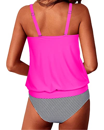 Mid Waist Tummy Control Tankini Swimsuits For Teen Girls-Hot Pink Stripe