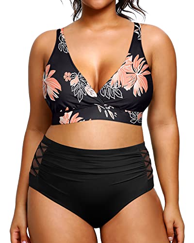 Women's Plus Size Bikini Two Piece Swimsuits Tummy Control Swimwear-Black Orange Floral