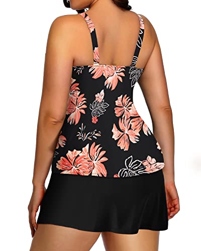 Women's Two Piece Plus Size Tankini Tummy Control High Neck Swimsuits-Black Orange Floral