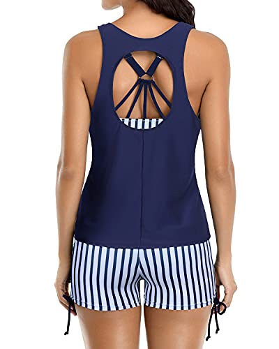 Women's Tankini Swimsuits Shorts And Tank Tops Bra And Boyshorts-Navy Stripe