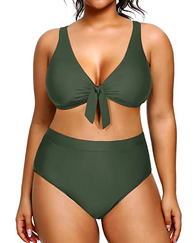 Women's Plus Size Cute Bikini High Waisted Swimsuits Two Piece Bathing Suits-Army Green