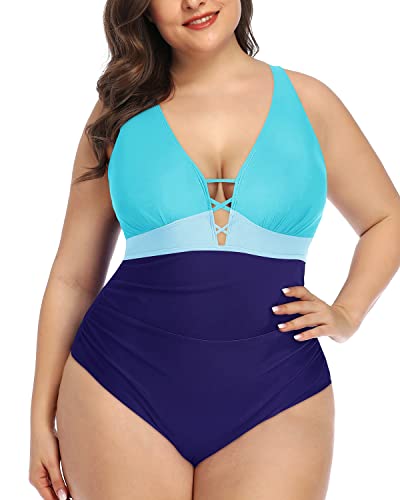 Ruched Tummy Control Plus Size Slimming One Piece Swimsuit-Blue