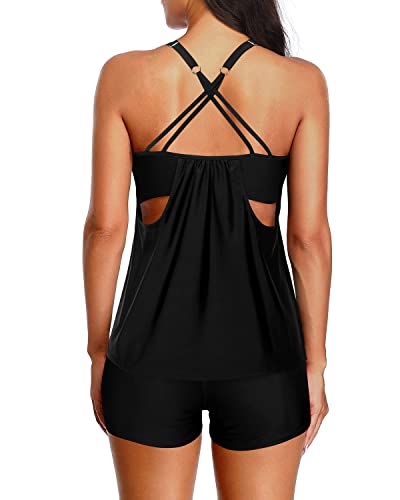 Modest Tankini Swimsuit Tank Top And Boy Shorts Casual Tankini Set-Black