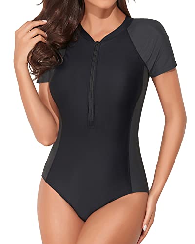 Women's One Piece Zipper Swimsuit Short Sleeve Rash Guard-Black And Gray