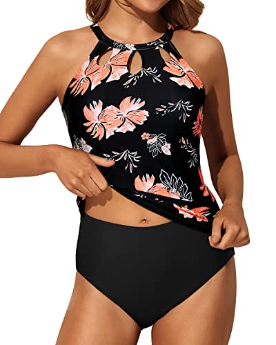 Two Piece High Neck Tankini Swimsuits For Women-Black Orange Floral