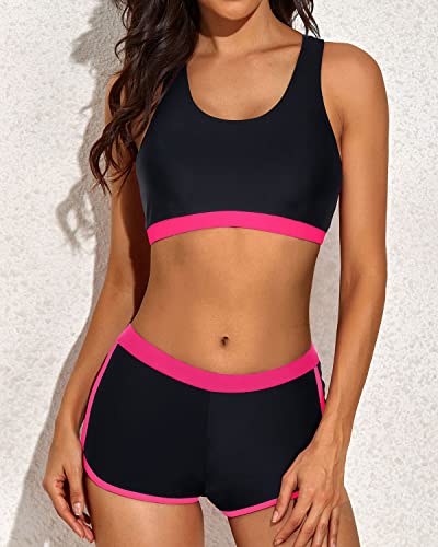 3 Piece Athletic Tankini Swimsuit Shorts For Women-Neon Pink