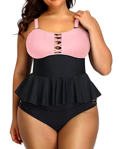 Peplum Tankini Tops Built-In Padded Bra For Women Plus Size Bathing  Suits-Pink And Black