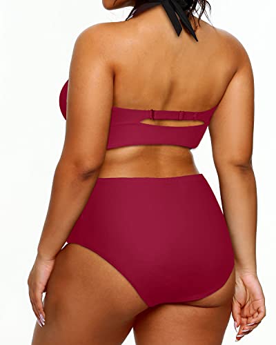 Plus Size Women's High Waisted Two Piece Swimsuit Tummy Control Halter Bikini-Red