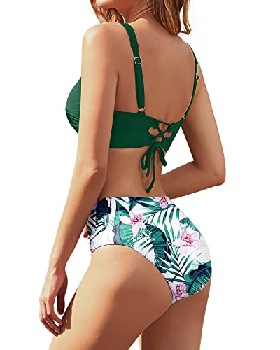Women's Tummy Control Two-Piece High Waisted Bikini Swimwear-Green Tropical Floral