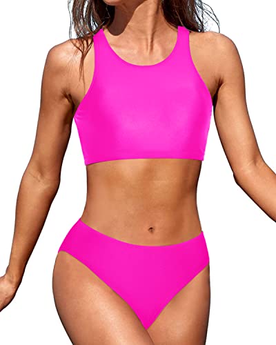 Athletic Two Piece Bikini Sets For Teen Girls Sporty High Neck Bathing Suits-Neon Pink
