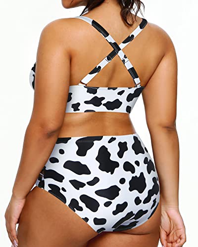 Plus Size High Waisted Bikini Two Piece Swimsuits Tummy Control Swimwear-Black And White Cow Pattern