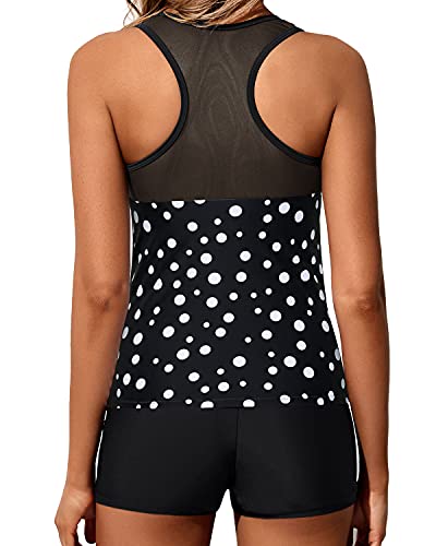 Mesh Shoulder & Racerback Tankini Bathing Suits For Teens-Black Dot