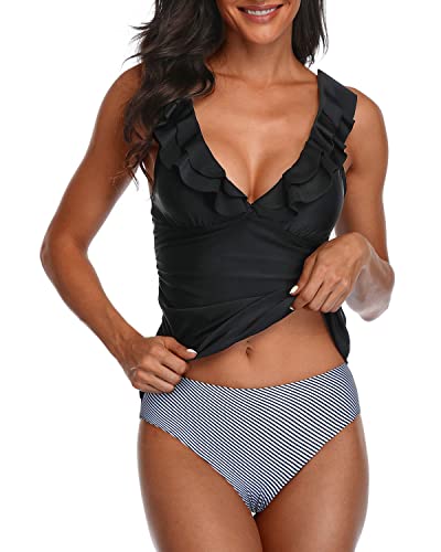 Deep V Neck Ruffle Tankini Swimsuits For Women-Black Stripe