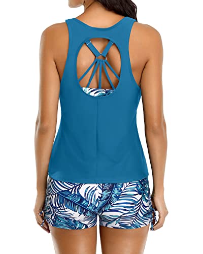 Trendy 3 Piece Bathing Suits Shorts And Bra And Boyshorts-Blue Leaf