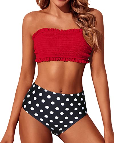 Push Up Adjustable Shoulder Strap Removable Padding Bra Bikini Set-Red Dot