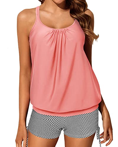 Full Coverage Adjustable Shoulder Straps Womens Blouson Tankini Swimsuits-Coral Pink Stripe