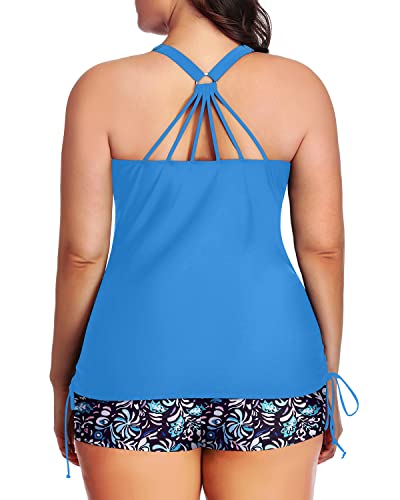 Plus Size Strappy Tankini Top Boyleg Shorts Two Piece Ruched Swimsuit-Light Blue