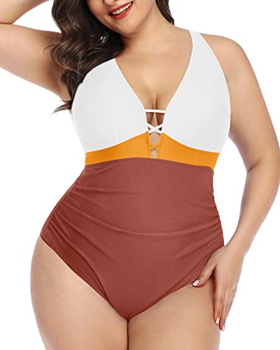 Push Up Padded Bra Plus Size Swimsuit High Waisted Line For Women-Whtie Yellow Brown