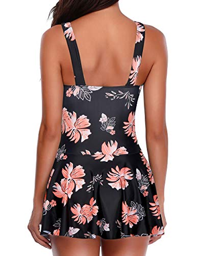 Elegant Tummy Control One Piece Swimsuit Skirt For Women-Black Orange Floral