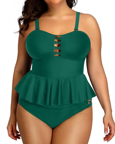 Women's Lace Up Plus Size Tummy Control Swimsuit-Emerald Green