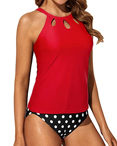 Halter High Neck Tankini High Waisted Swim Shorts-Red Dot