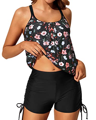 Blouson Tankini Swimsuits Slimming Tummy Control Criss Cross Swimwear-Black And Pink Floral