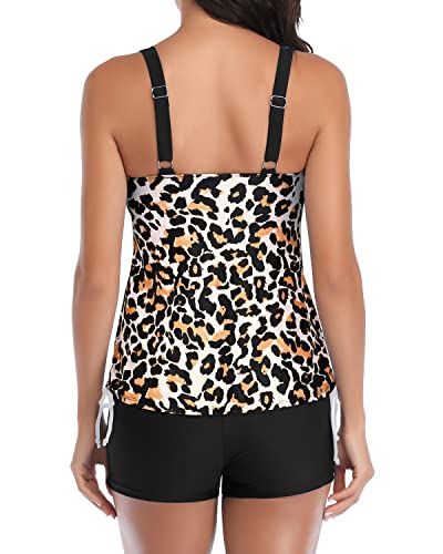 Layered Design Bathing Suits Boyleg Bottom 2 Piece Tankini Swimsuits-Black And Leopard