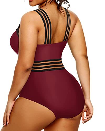 Slimming Tummy Control One Piece Swimsuit For Plus Size Women-Maroon