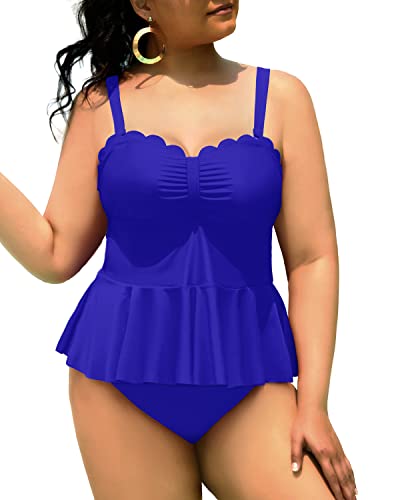 Two Piece Cute Ruffle Hem Plus Size Tankini Swimsuits For Curvy Women-Royal Blue