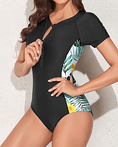 Zipper Bathing Suit Surfing Swimwear Upf 50+ Rash Guard For Women-Black Leaf