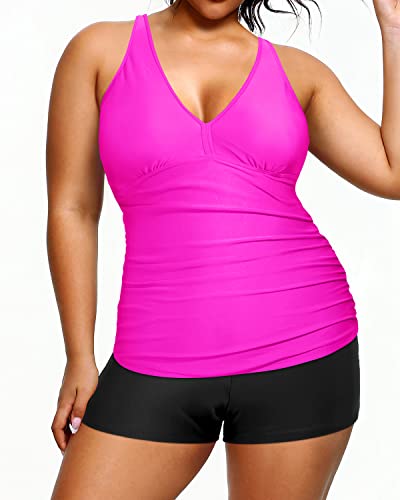 Plus Size Ruched Tummy Control Bathing Suit High Waisted Two Piece Swimsuit-Hot Pink