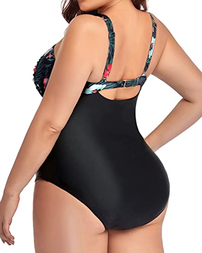 Twist Front Ruched Swimsuits For Women Plus Size-Black Floral