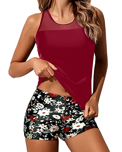 Athletic Tankini Swimsuit Set Swim Shorts For Women-Red Floral
