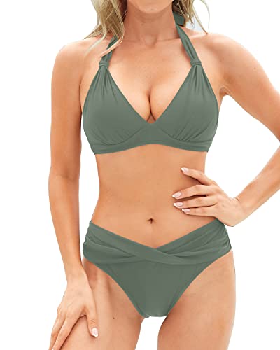 Two Piece Bathing Suits Push Up Bikini Set Halter Swimsuit Vintage Swimwear-Army Green